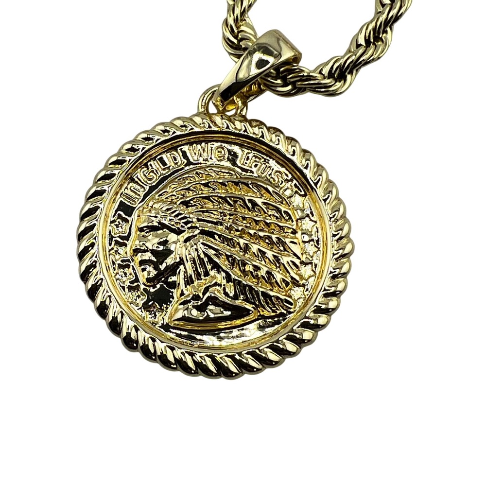 GLD 4MM Rope Chain Necklace 20‎ Inch Gold Tone w/ Chief Coin Pendant Mens - Picture 3 of 7